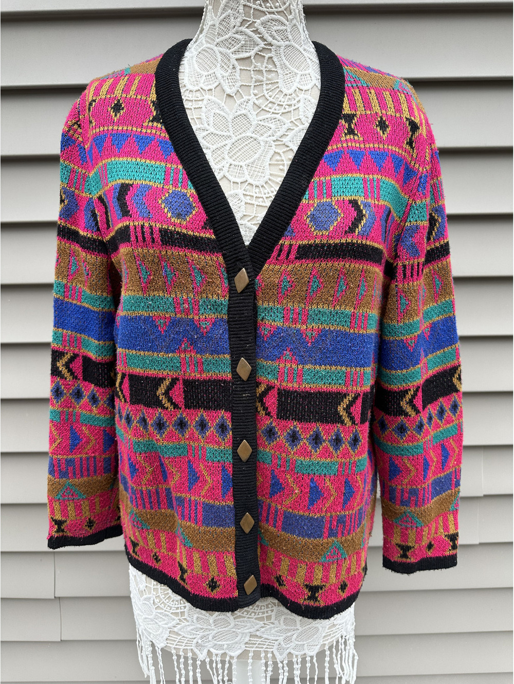 Castlebrook Vintage Geometric Patterned Sweater Cardigan Multi Color